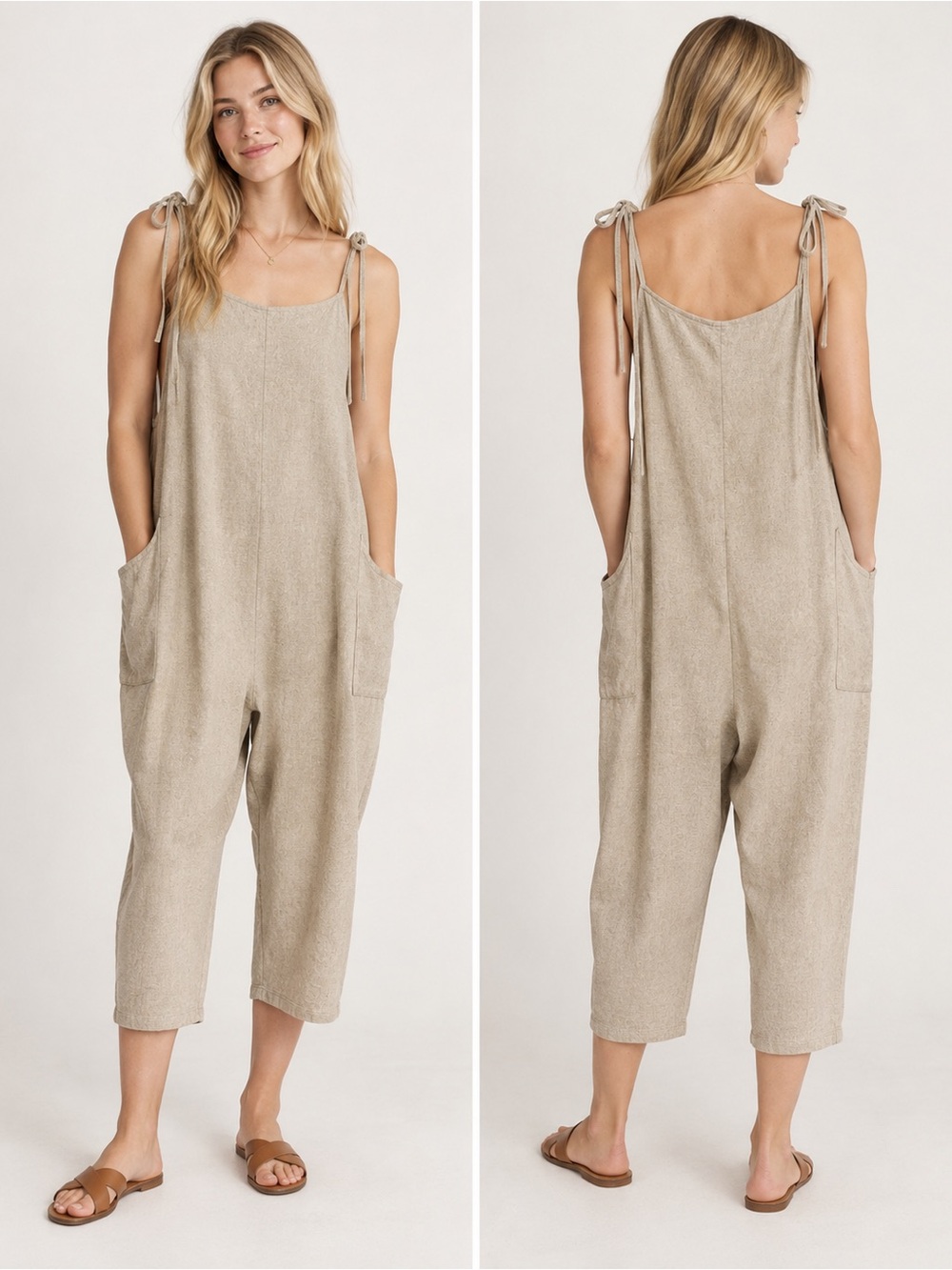 Altar’d State Linen Blend Tie-Shoulder Jumpsuit Oatmeal Size XL